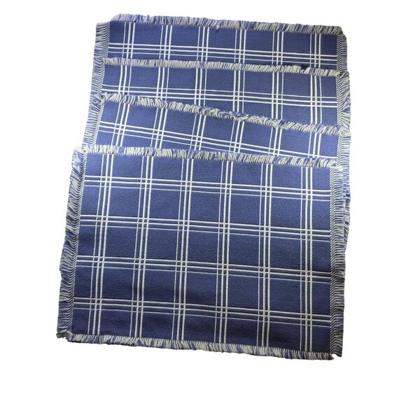 Set Of 4 Blue & White Plaid Woven Placemat Set With Fringe Details reversible - Picture 1 of 6